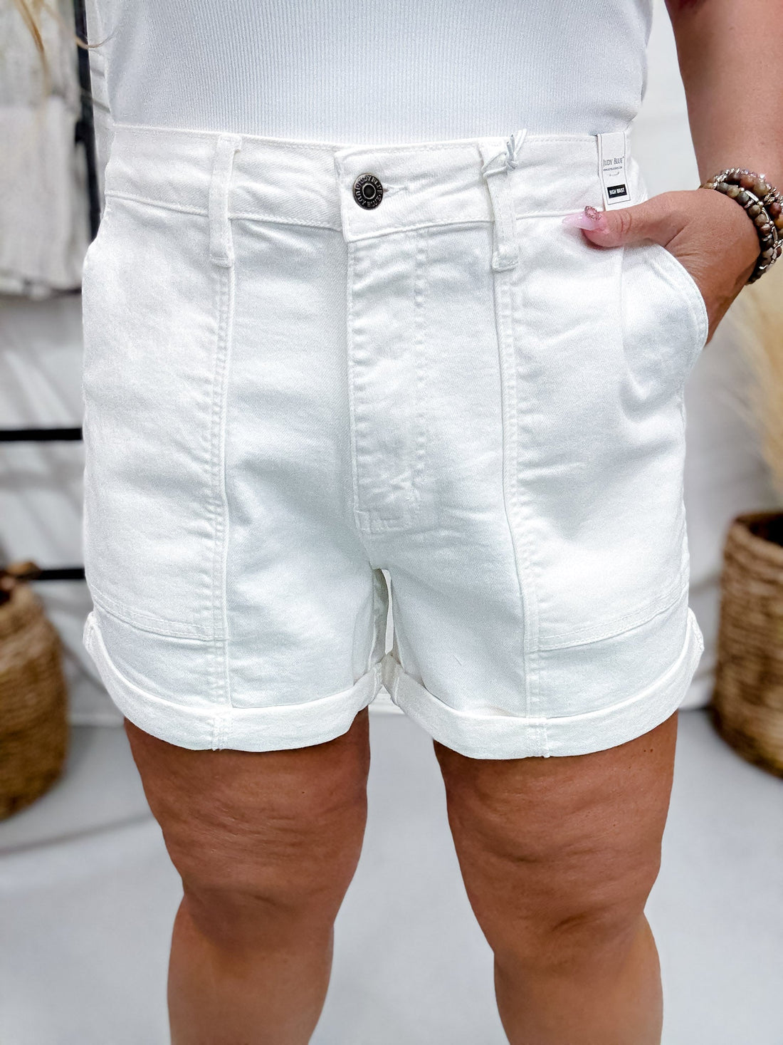 Judy Blue White High Waist Aurora Weekender Double Cuff Shorts - Whiskey Skies - JUDY BLUE