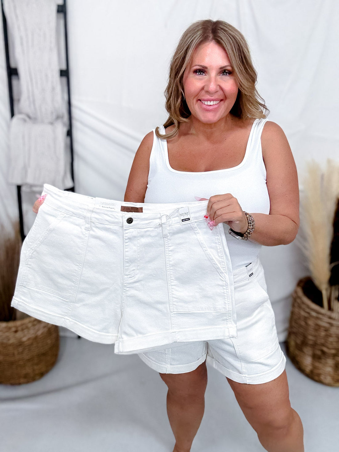 Judy Blue White High Waist Aurora Weekender Double Cuff Shorts - Whiskey Skies - JUDY BLUE