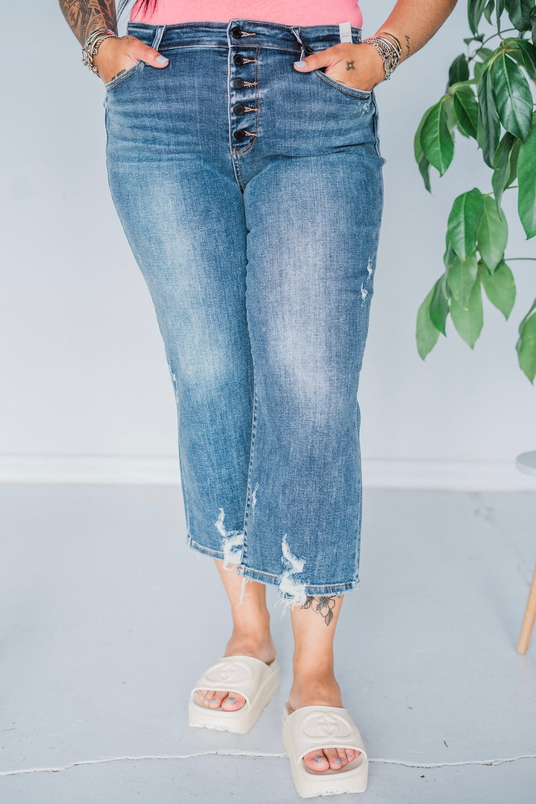 Judy Blue Wide Leg Button Fly Heavy Destroy Cropped High Waist Jeans - Whiskey Skies - JUDY BLUE