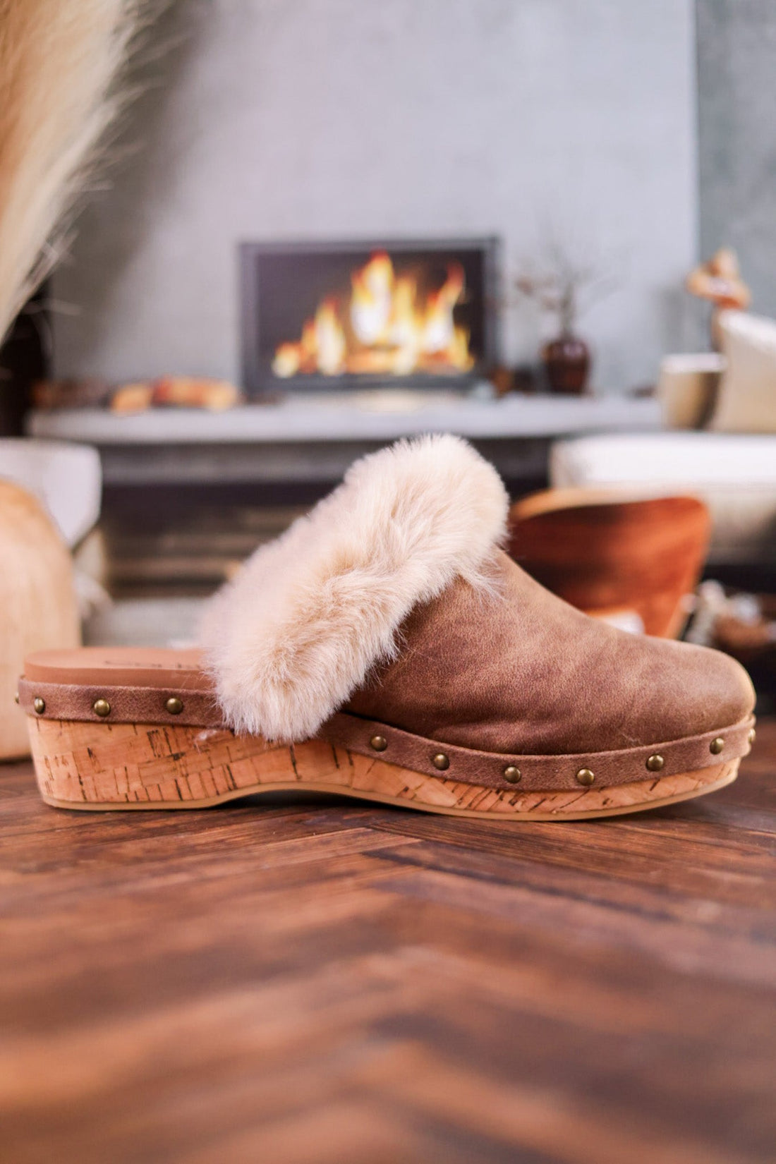 Just Fur Fun Brown Mules with Fur Detailing - Whiskey Skies - CORKYS FOOTWEAR