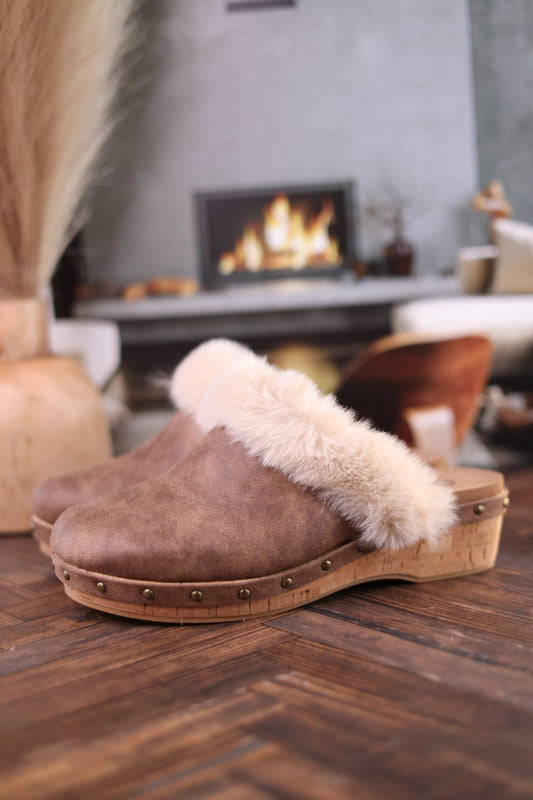 Just Fur Fun Brown Mules with Fur Detailing - Whiskey Skies - CORKYS FOOTWEAR
