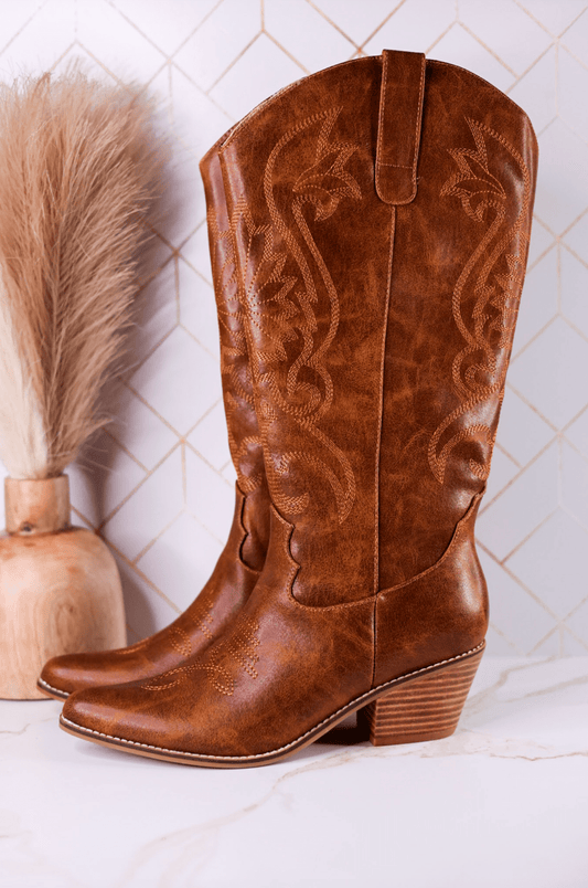 Just In Case Wide Calf Cowboy Boots In Saddle Brown - Whiskey Skies - CORKYS FOOTWEAR