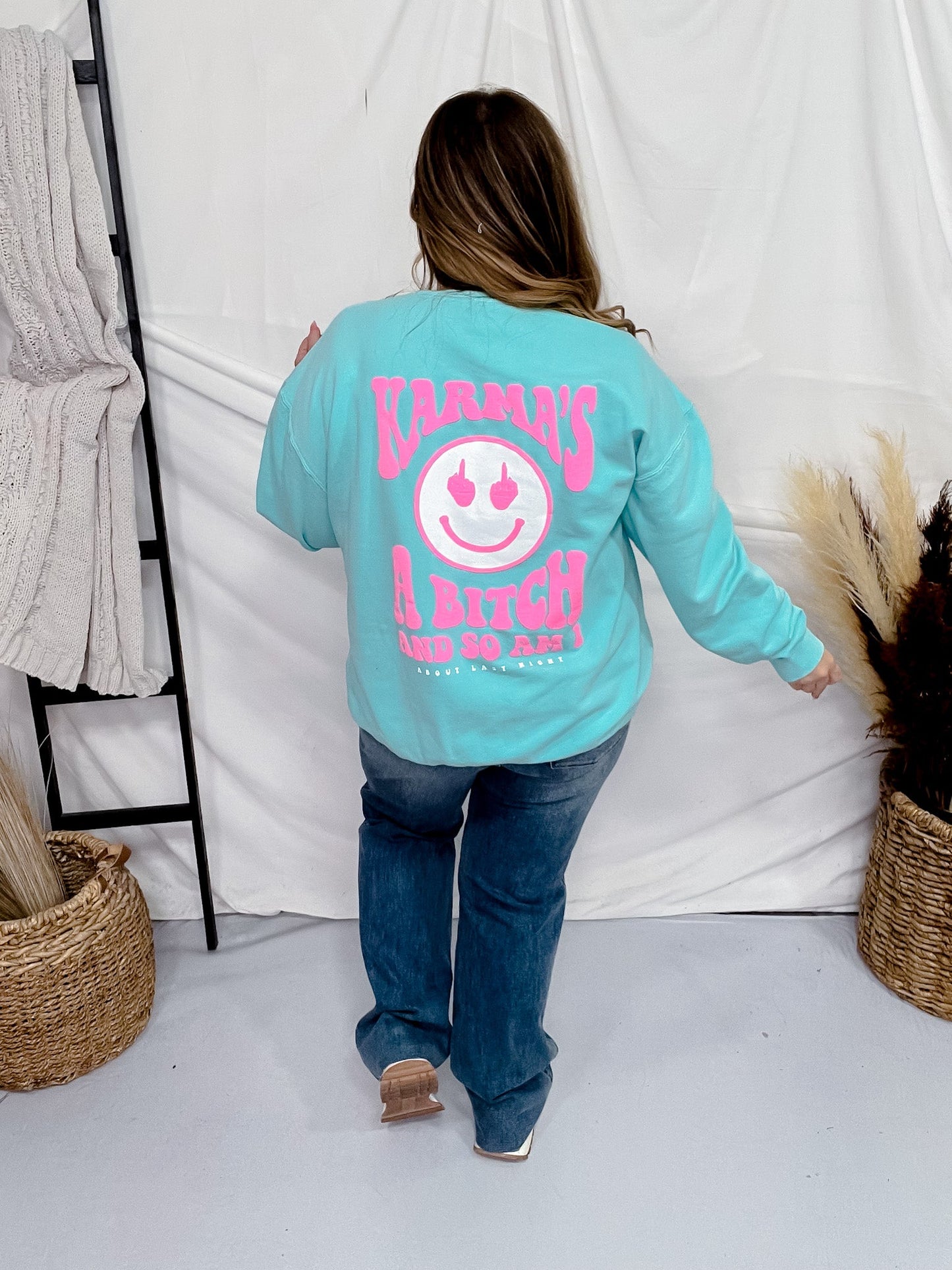 Karma's a Bitch Aqua Sweatshirt - Whiskey Skies - STATED BRANDS