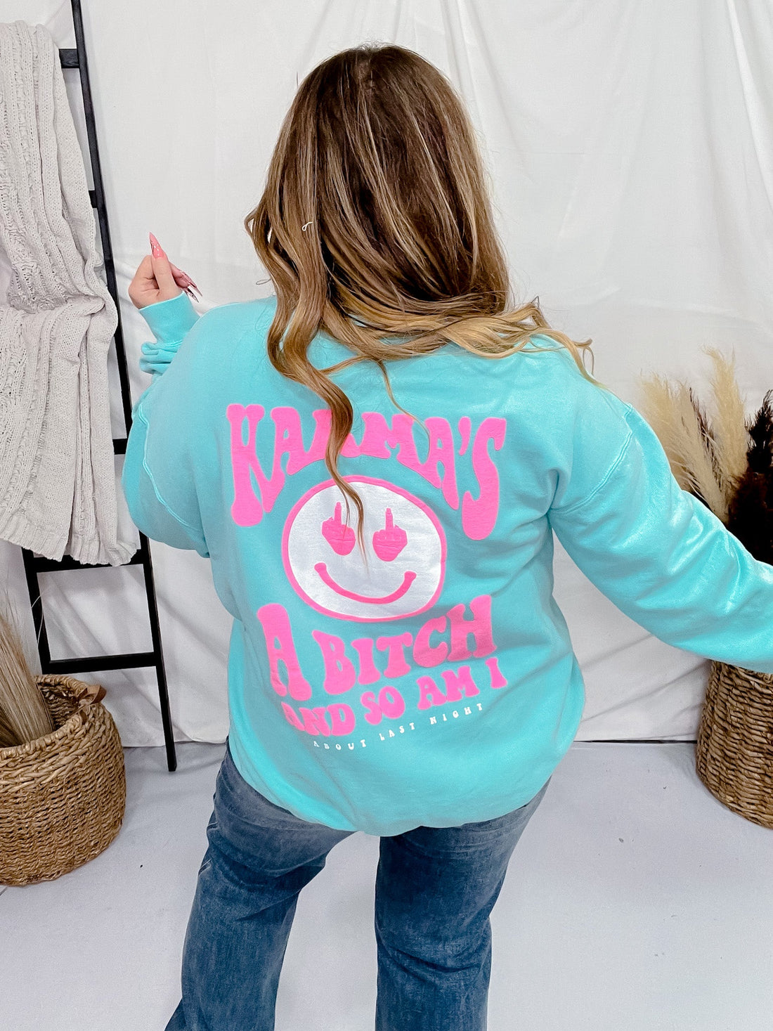 Karma's a Bitch Aqua Sweatshirt - Whiskey Skies - STATED BRANDS