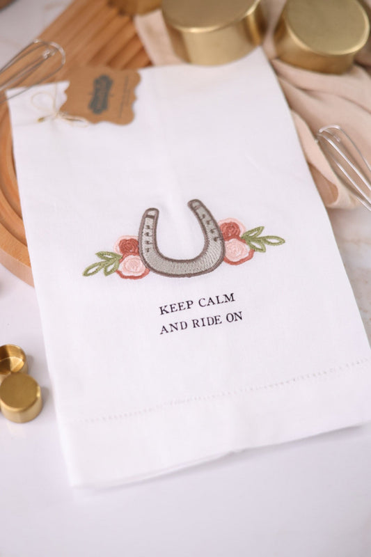 Keep Calm and Ride On Embroidered Towel - Whiskey Skies - MUD PIE