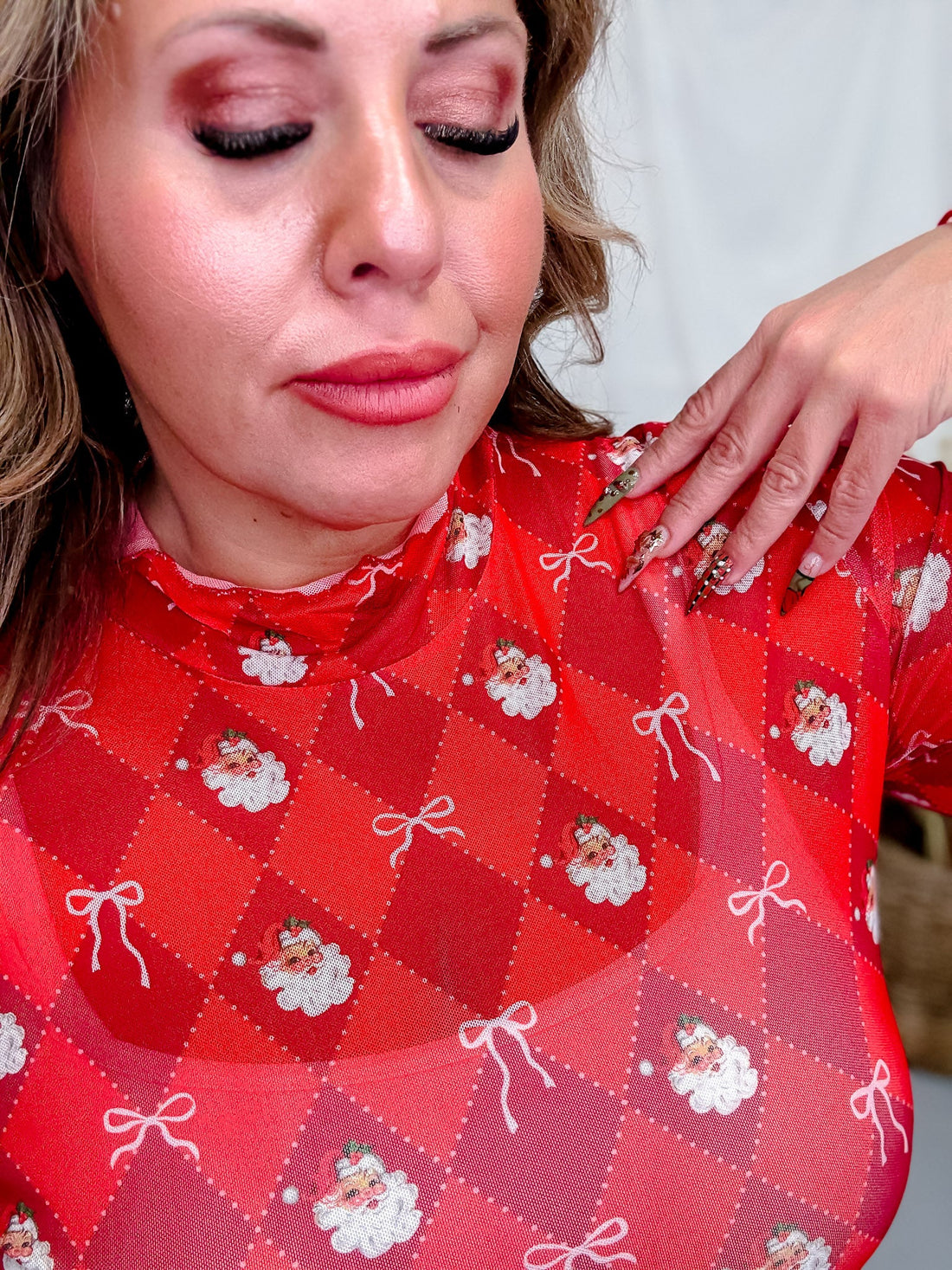 Keigan Mesh Santa's Signature Bow Long Sleeve Top - Whiskey Skies - JESS LEA