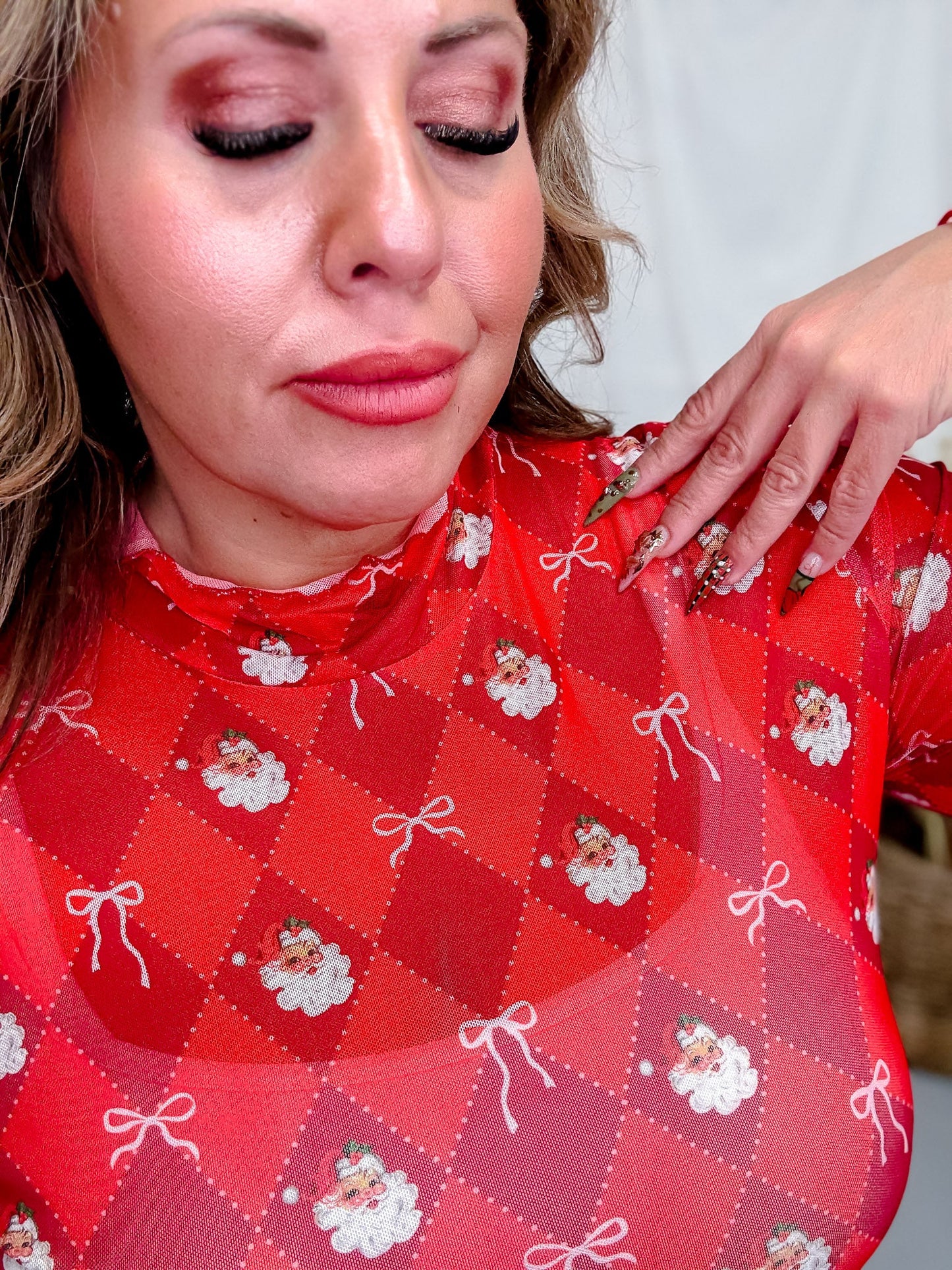 Keigan Mesh Santa's Signature Bow Long Sleeve Top - Whiskey Skies - JESS LEA