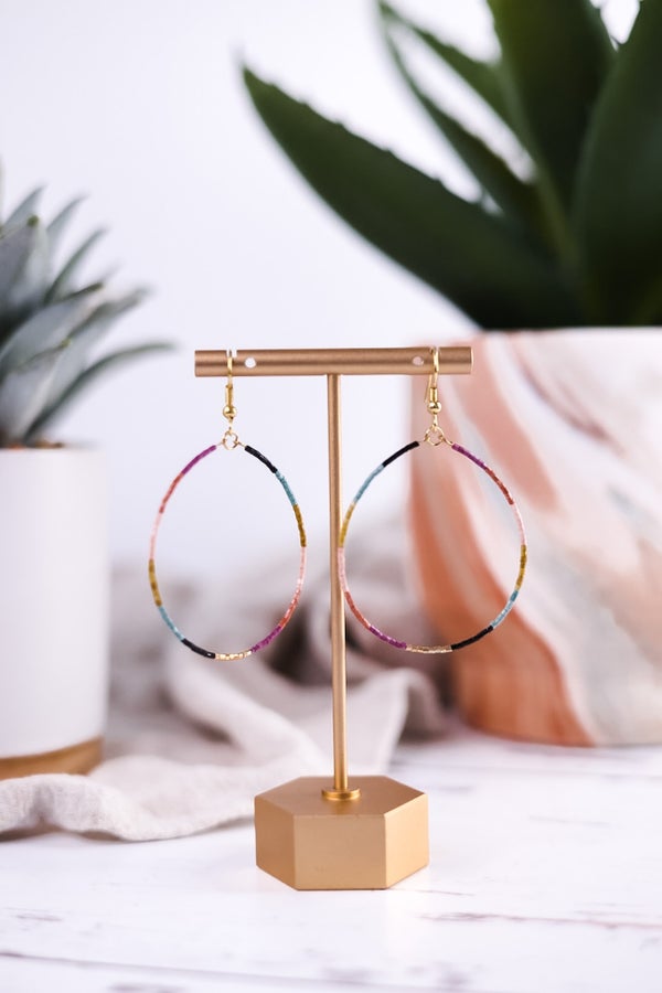 Kelly Color Block Beaded Hoop Earrings Muted Rainbow - Whiskey Skies - INK+ALLOY