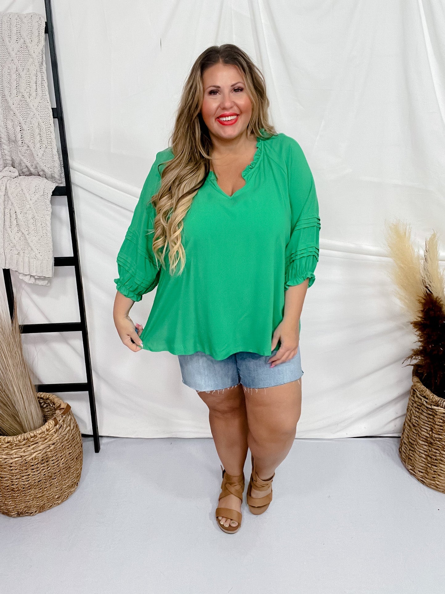 Kelly Green 3/4 Puff Sleeve Top - Whiskey Skies - ANDREE BY UNIT