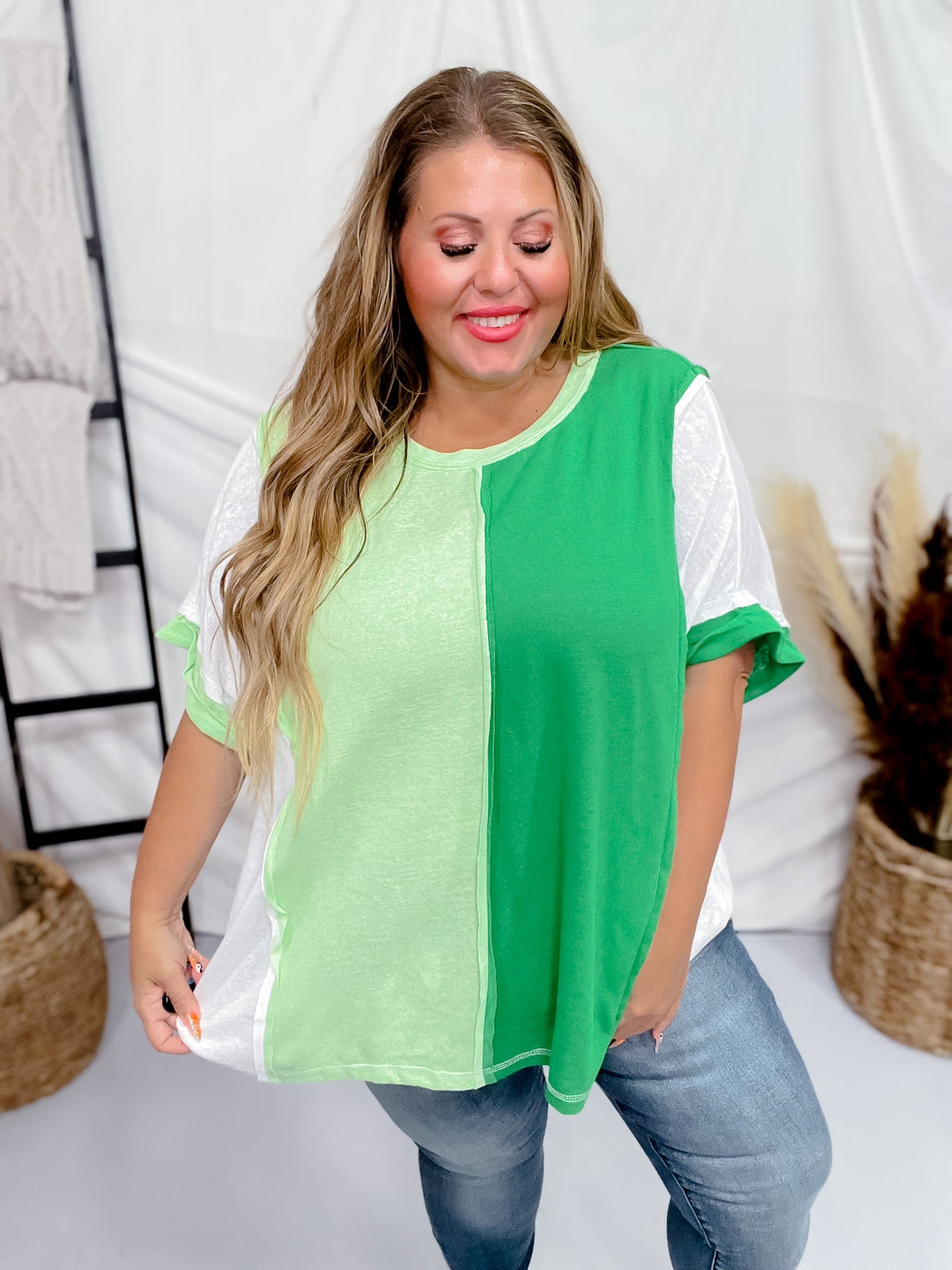 Kelly Green Colorblock Round Neck Top - Whiskey Skies - ANDREE BY UNIT