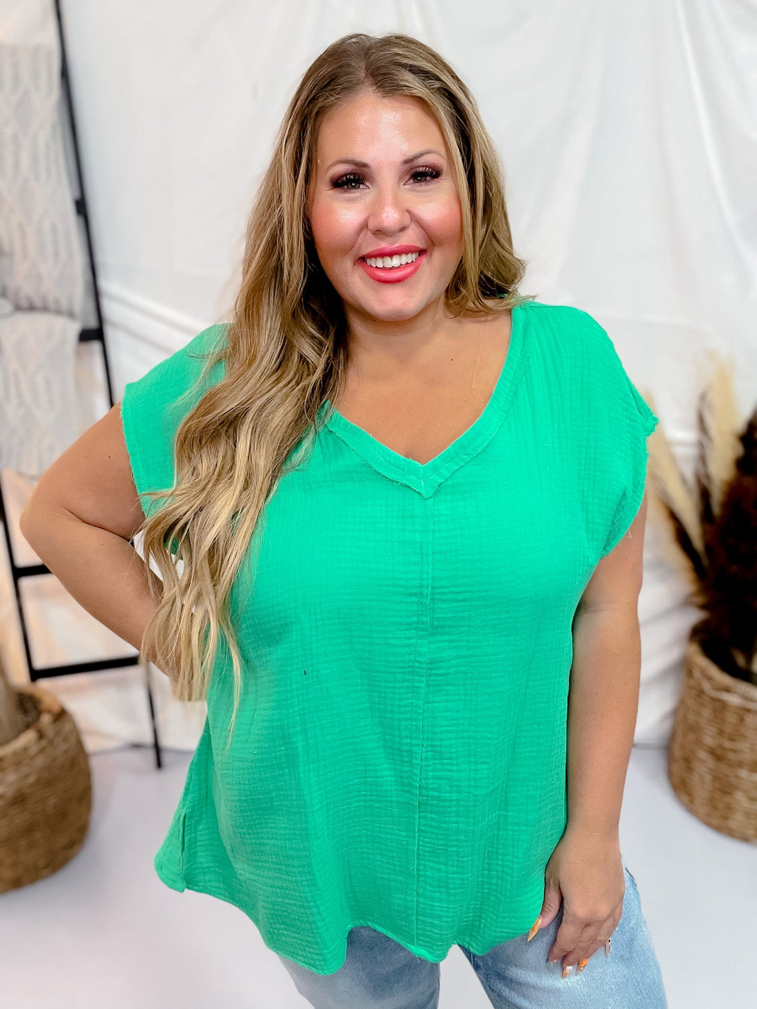 Kelly Green Cotton Gauze Top with Raw Edge Detailing - Whiskey Skies - ANDREE BY UNIT