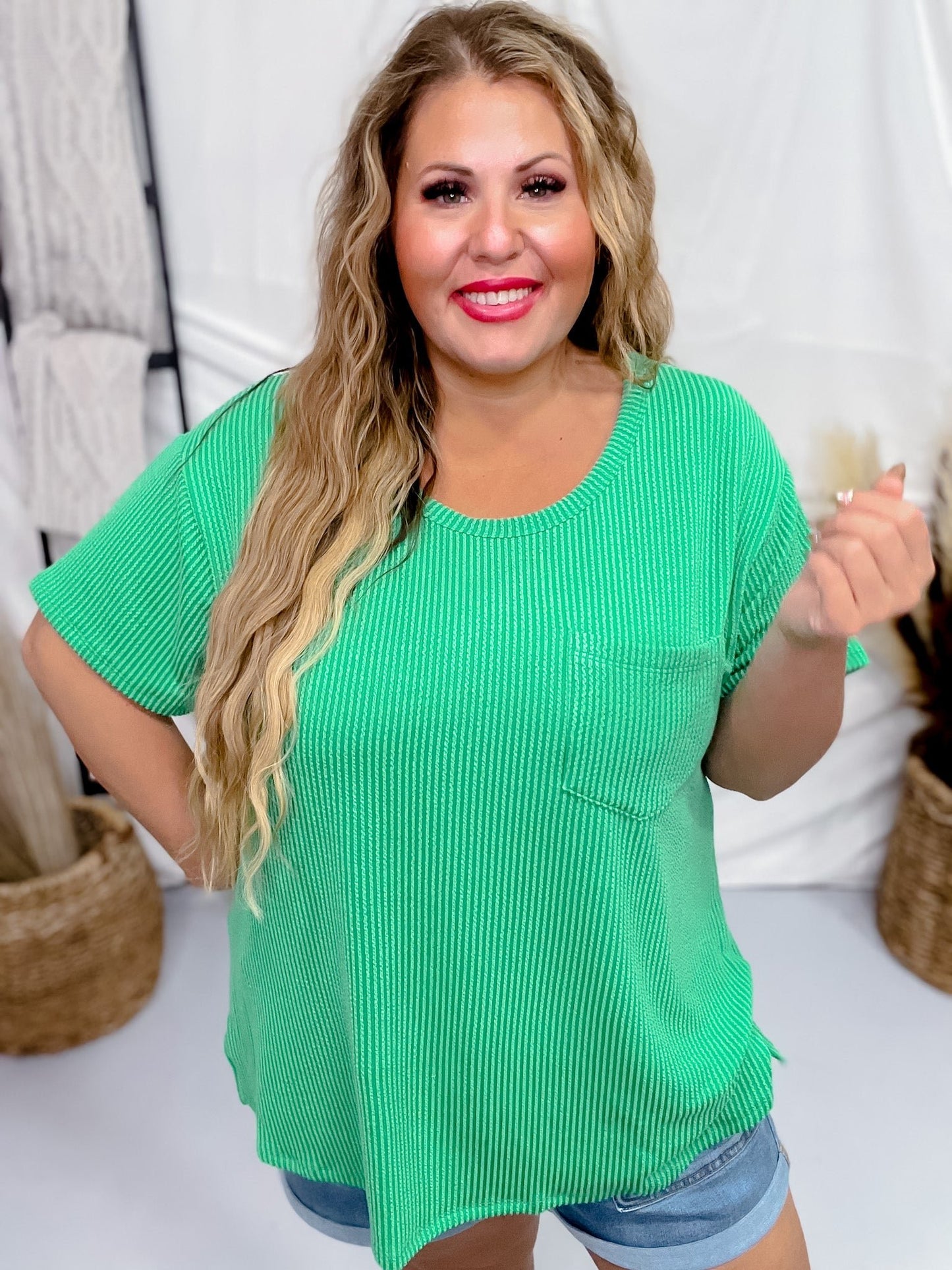 Kelly Green Ribbed Short Sleeve Tunic Top - Whiskey Skies - ANDREE BY UNIT