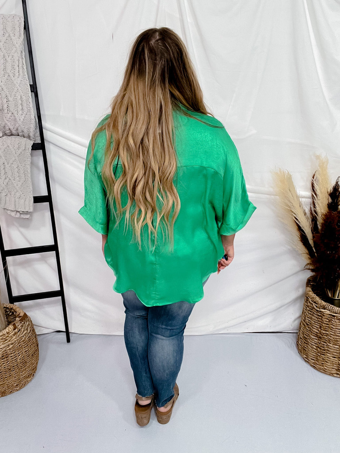 Kelly Green Satin Feel Oversized Top with Dolman Sleeves - Whiskey Skies - ANDREE BY UNIT