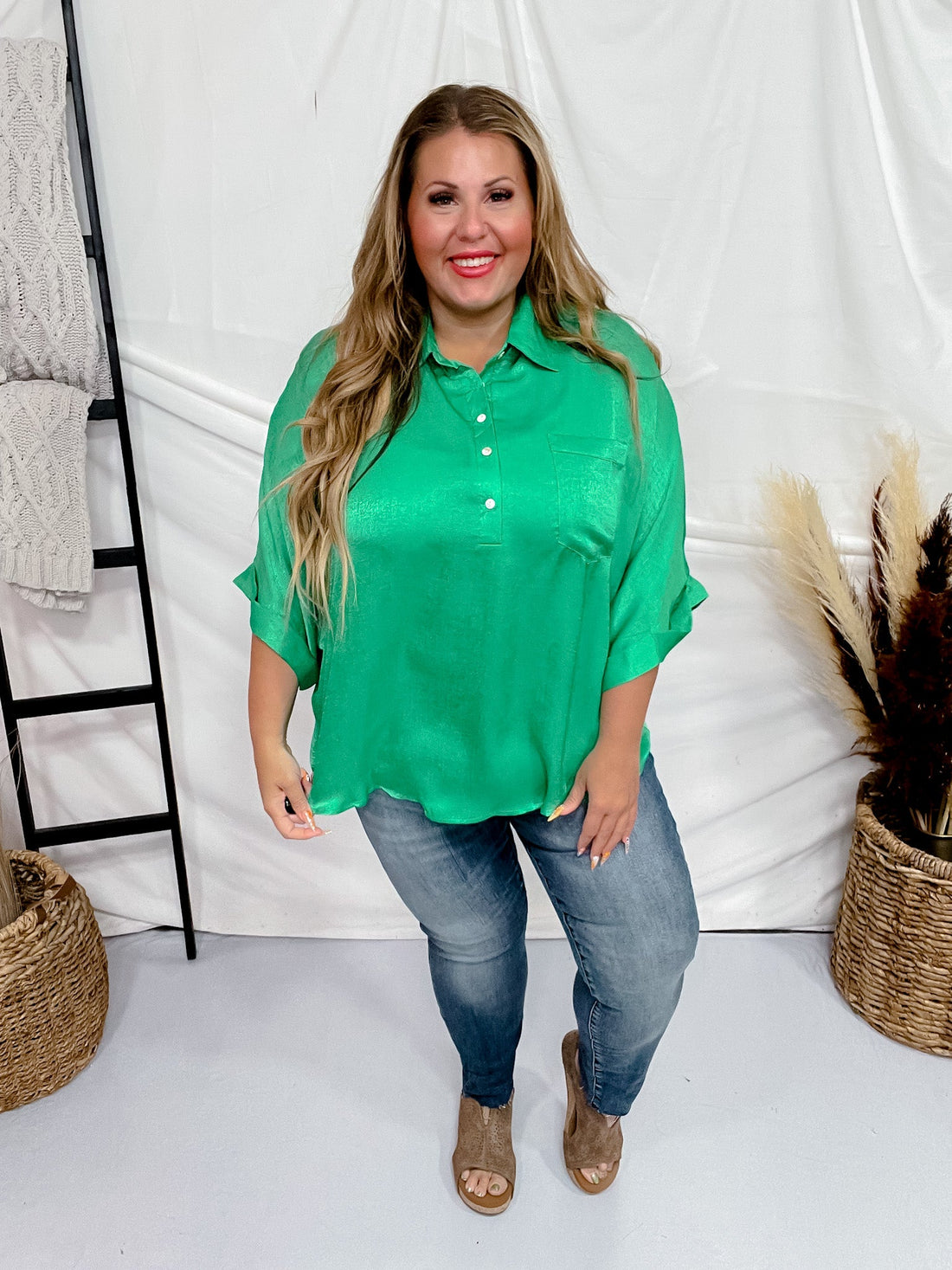 Kelly Green Satin Feel Oversized Top with Dolman Sleeves - Whiskey Skies - ANDREE BY UNIT