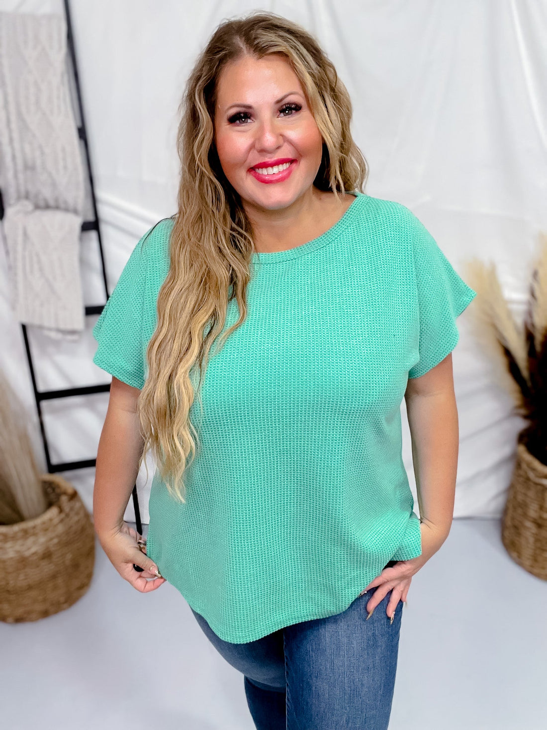 Kelly Green Short Sleeve Waffle Tunic Top - Whiskey Skies - ANDREE BY UNIT