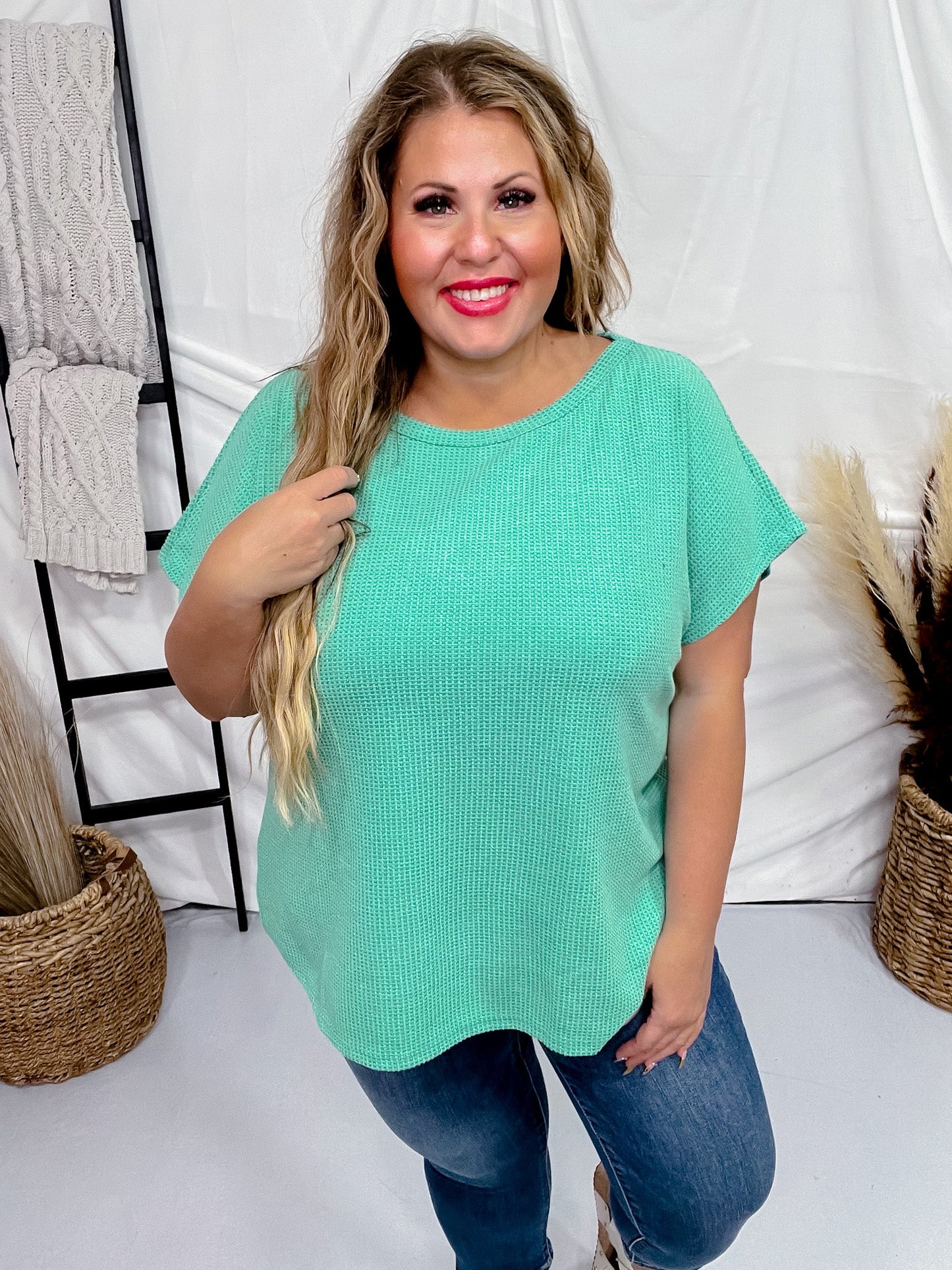 Kelly Green Short Sleeve Waffle Tunic Top - Whiskey Skies - ANDREE BY UNIT