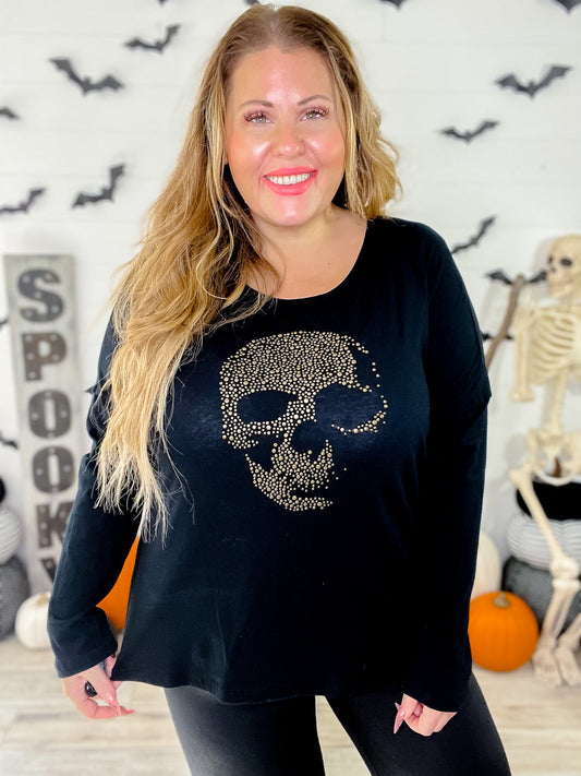 Keyhole Cutout Long Sleeve Studded Skull Top - Whiskey Skies - VOCAL