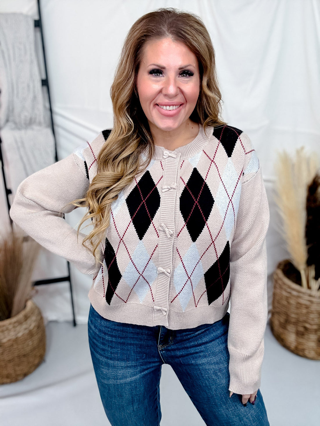 Khaki Argyle Knit Midi Cardigan With Bow Closures - Whiskey Skies - ODDI