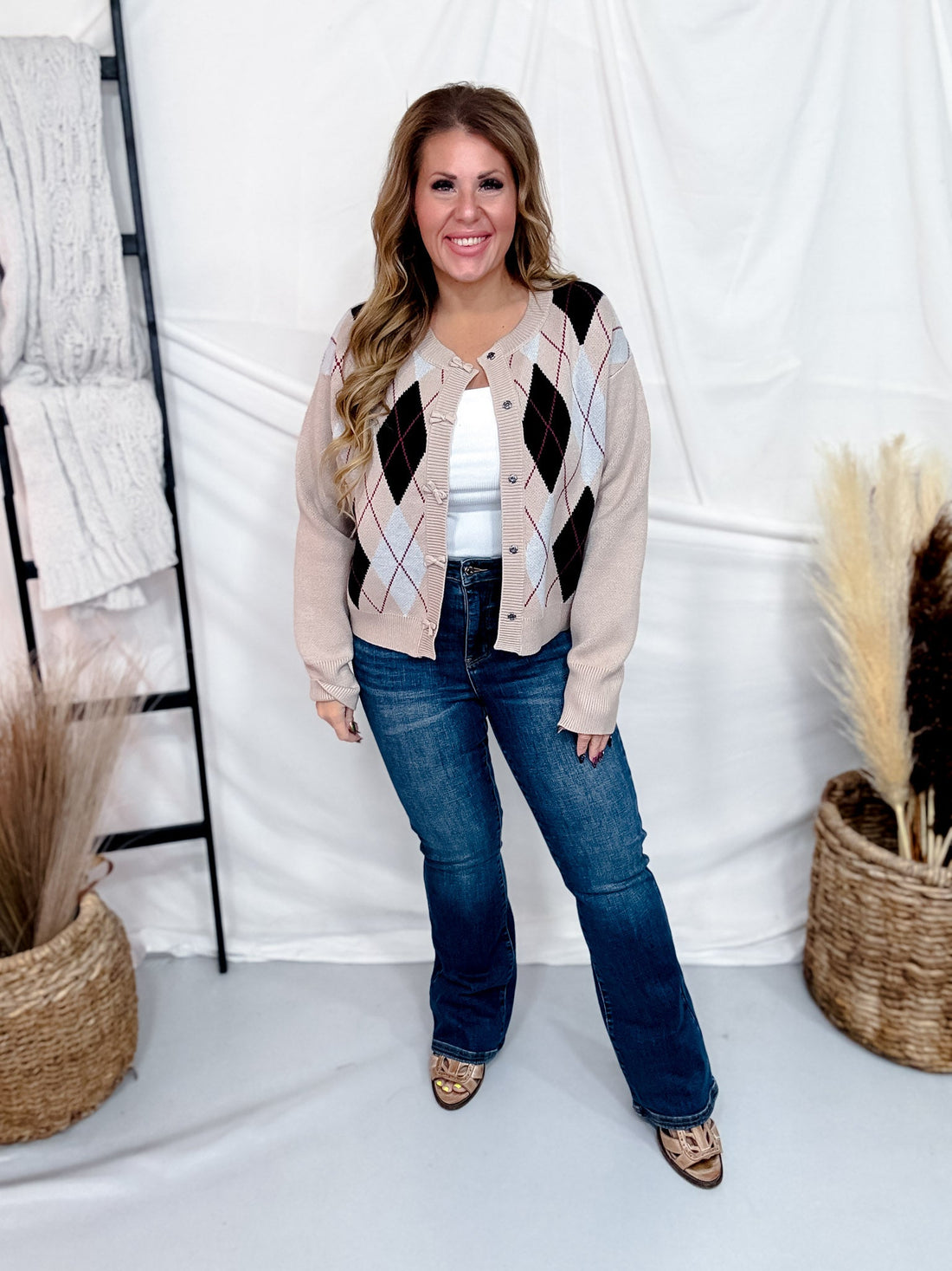 Khaki Argyle Knit Midi Cardigan With Bow Closures - Whiskey Skies - ODDI