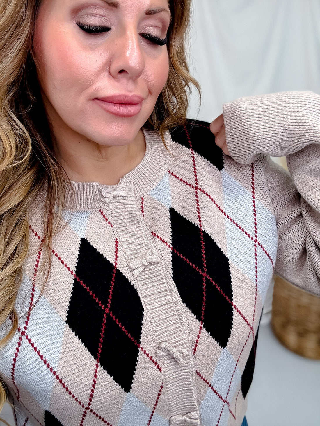 Khaki Argyle Knit Midi Cardigan With Bow Closures - Whiskey Skies - ODDI