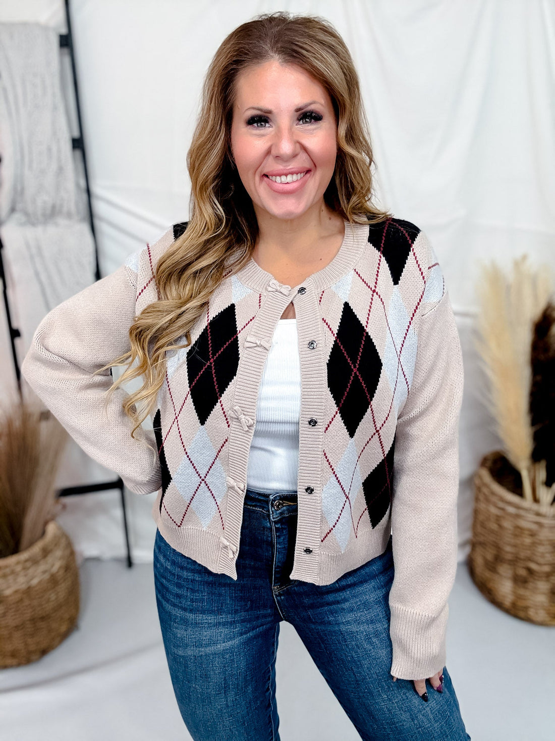Khaki Argyle Knit Midi Cardigan With Bow Closures - Whiskey Skies - ODDI