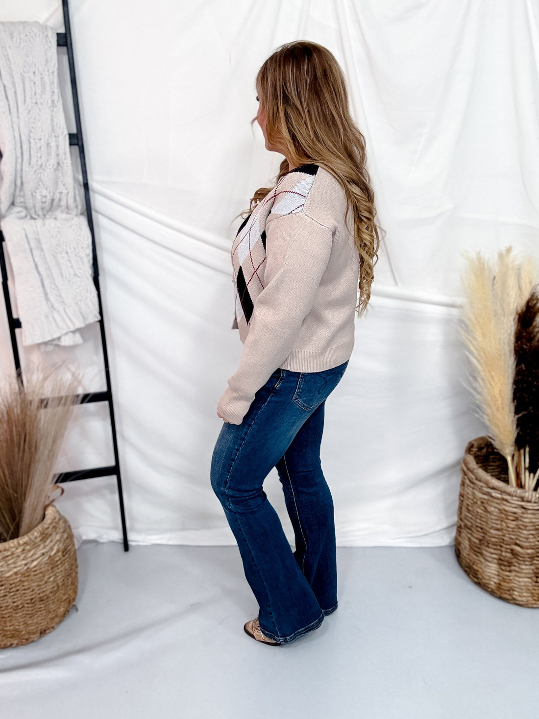 Khaki Argyle Knit Midi Cardigan With Bow Closures - Whiskey Skies - ODDI