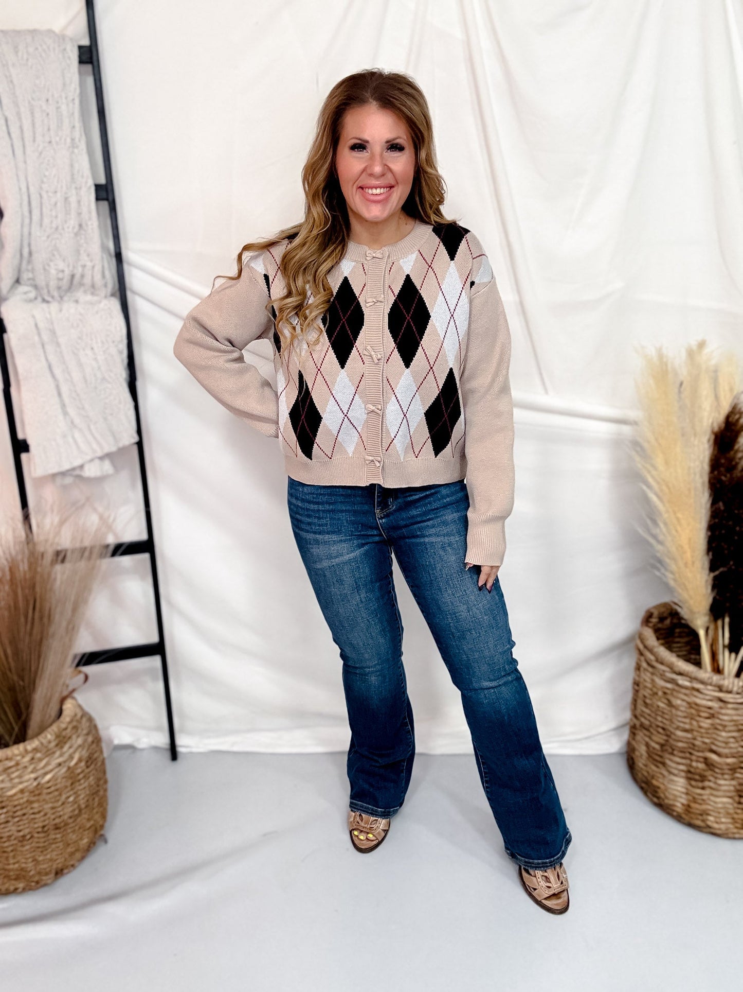 Khaki Argyle Knit Midi Cardigan With Bow Closures - Whiskey Skies - ODDI