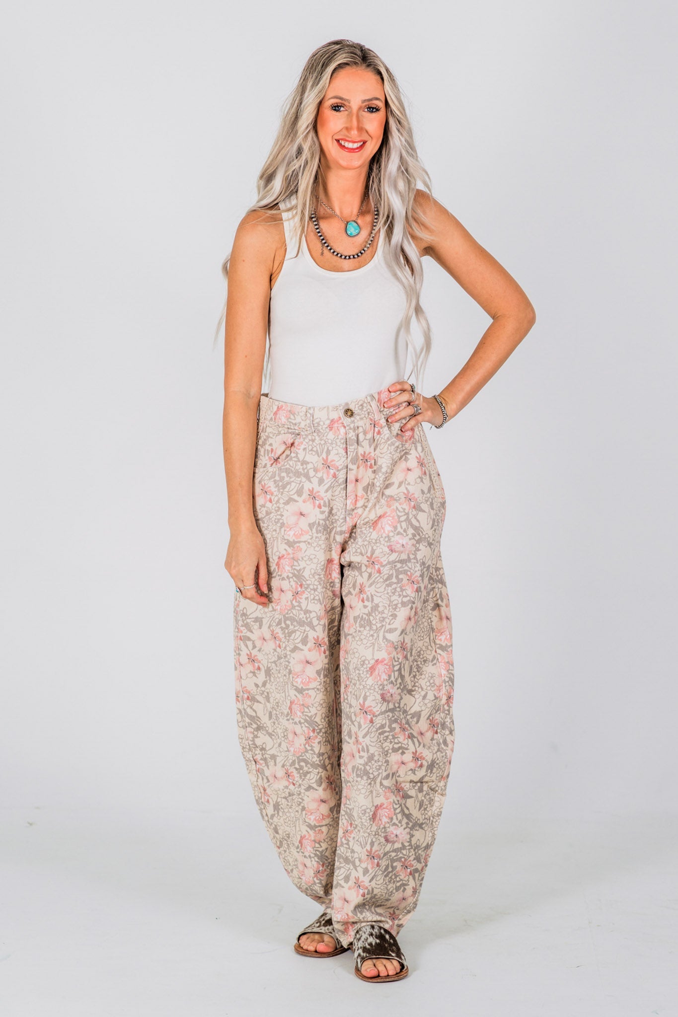 Khaki Floral Barrel Leg Pants - Whiskey Skies - DAVI & DANI