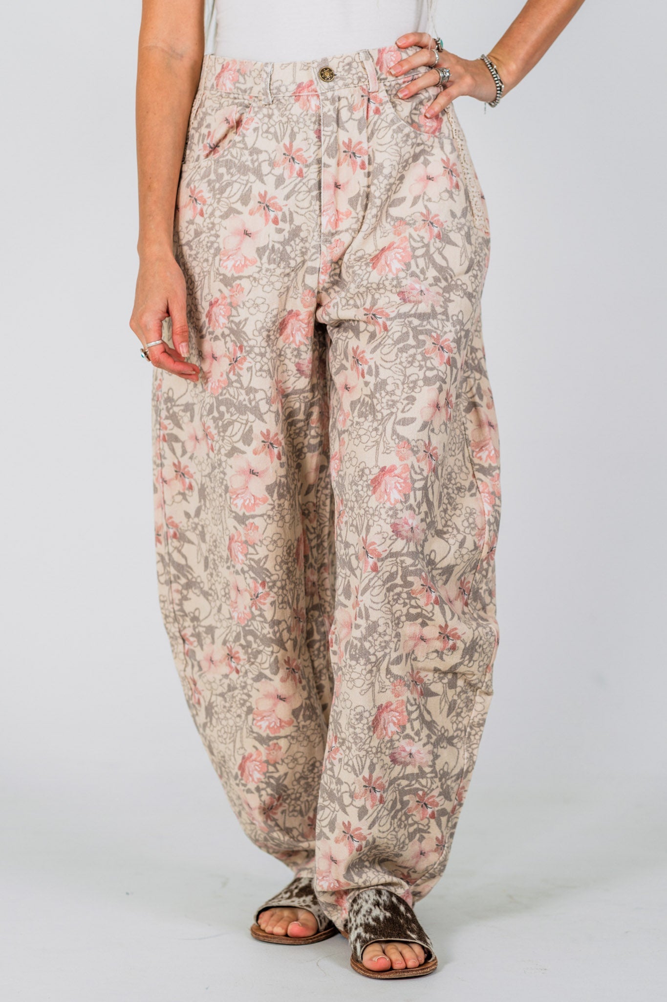 Khaki Floral Barrel Leg Pants - Whiskey Skies - DAVI & DANI