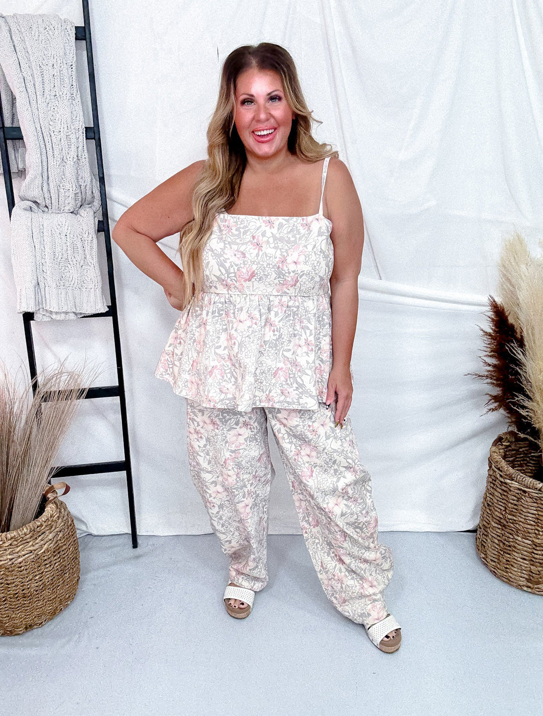 Khaki Floral Peplum Top with Shoulder Straps - Whiskey Skies - DAVI & DANI
