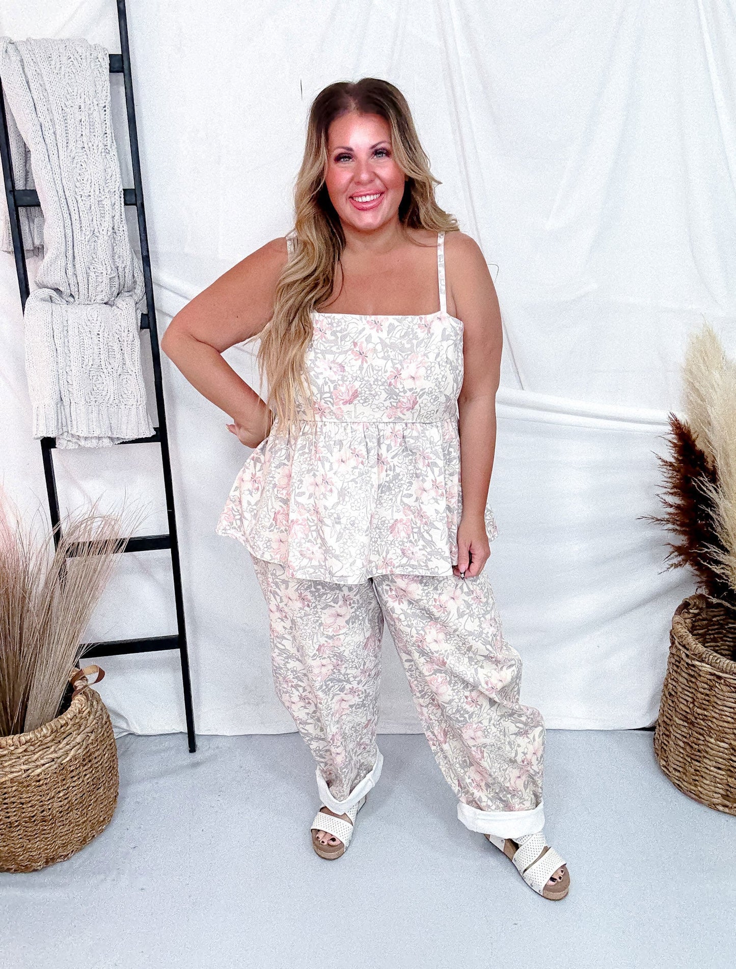Khaki Floral Peplum Top with Shoulder Straps - Whiskey Skies - DAVI & DANI