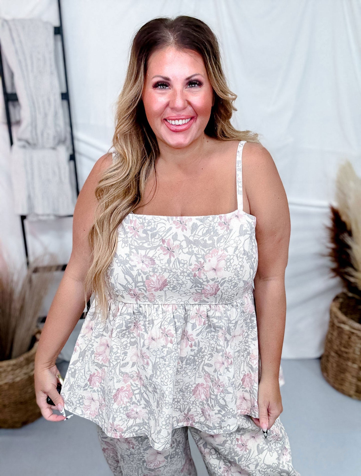 Khaki Floral Peplum Top with Shoulder Straps - Whiskey Skies - DAVI & DANI
