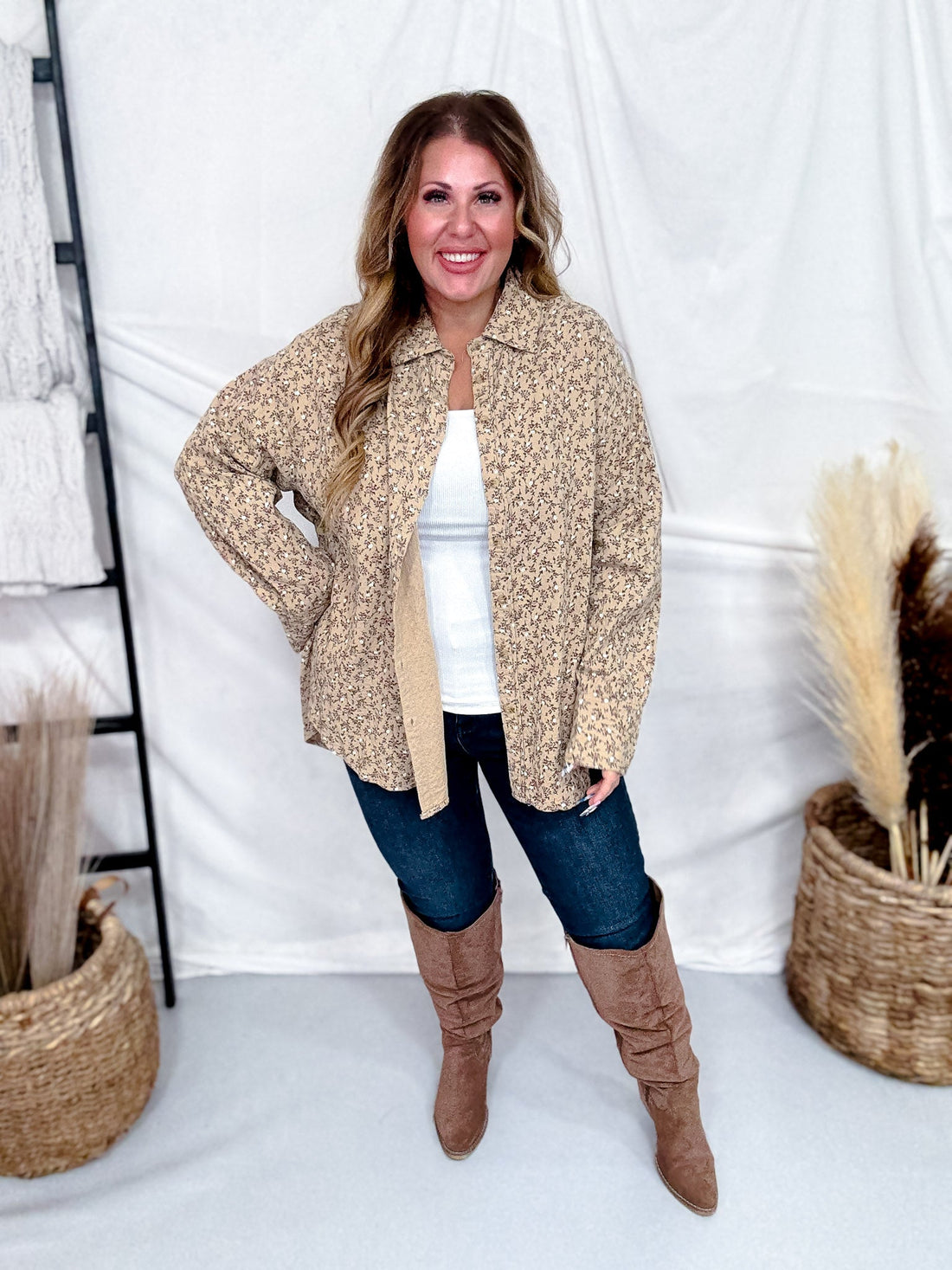 Khaki Floral Print Button Front Gauze Shirt - Whiskey Skies - EASEL