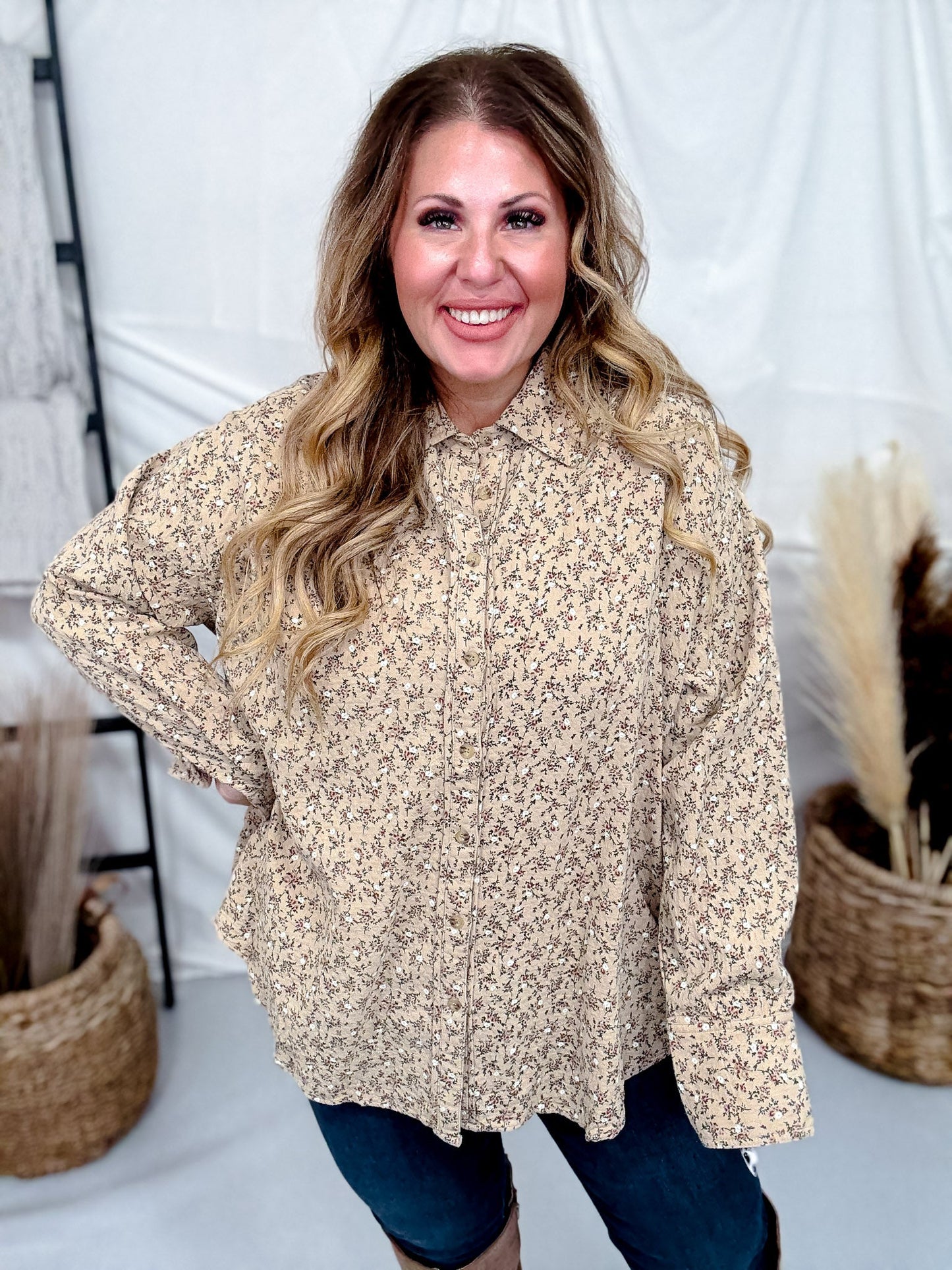 Khaki Floral Print Button Front Gauze Shirt - Whiskey Skies - EASEL