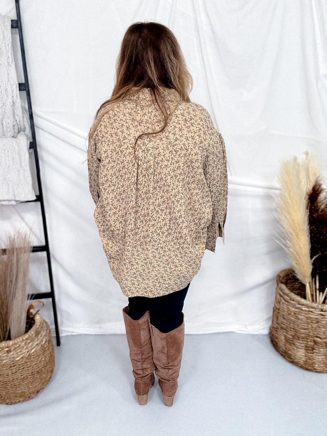 Khaki Floral Print Button Front Gauze Shirt - Whiskey Skies - EASEL