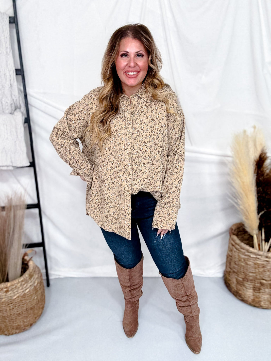 Khaki Floral Print Button Front Gauze Shirt - Whiskey Skies - EASEL