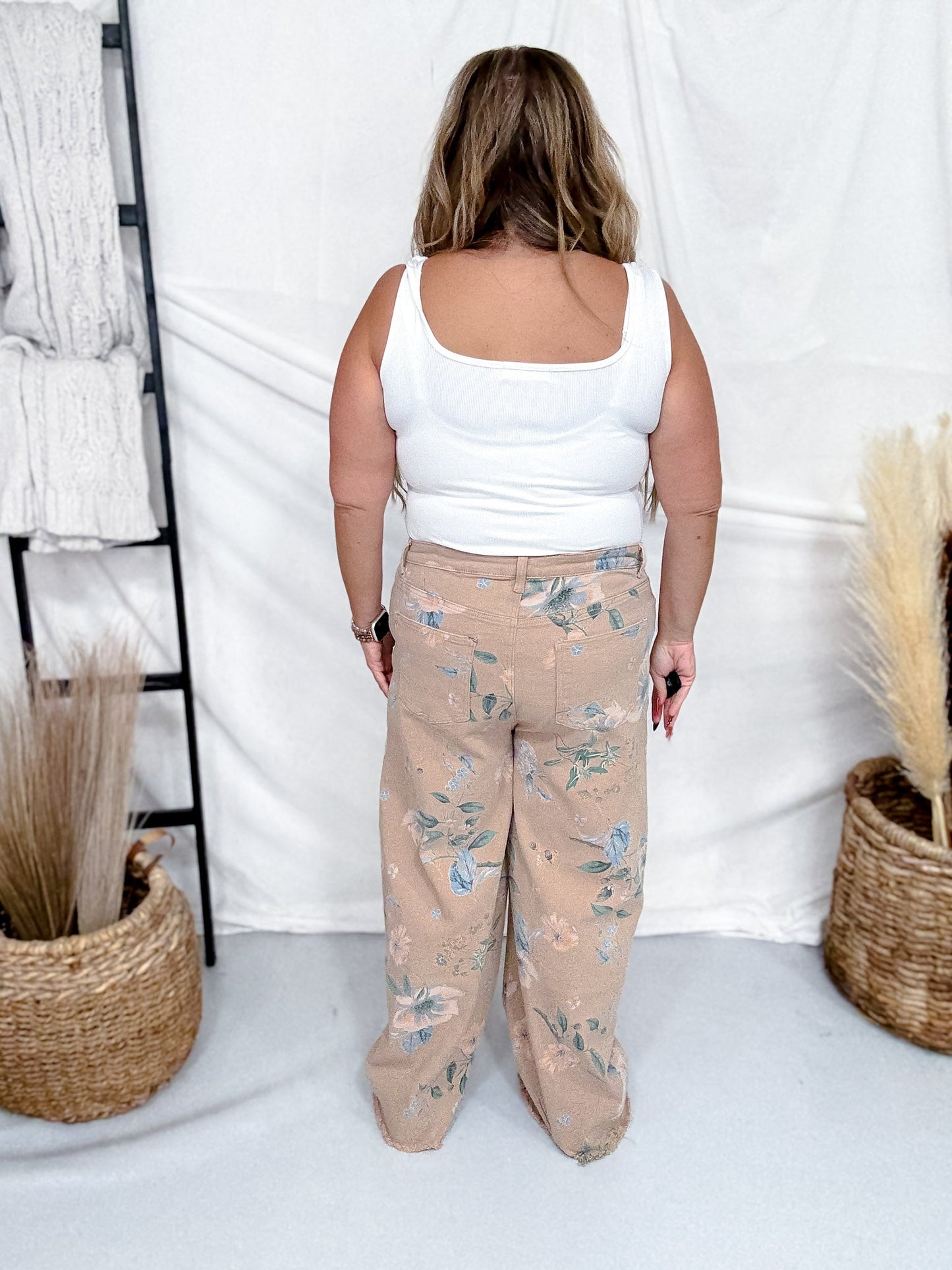 Khaki Floral Print High Waist Straight Pants - Whiskey Skies - EASEL
