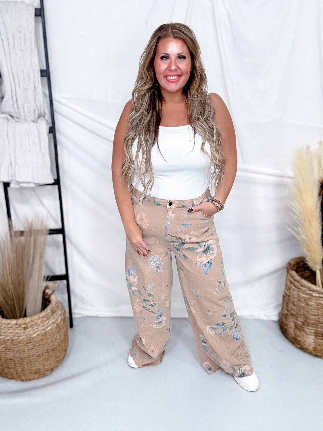 Khaki Floral Print High Waist Straight Pants - Whiskey Skies - EASEL