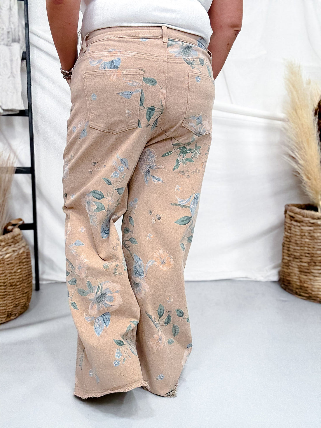Khaki Floral Print High Waist Straight Pants - Whiskey Skies - EASEL