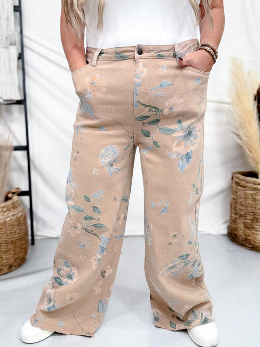 Khaki Floral Print High Waist Straight Pants - Whiskey Skies - EASEL