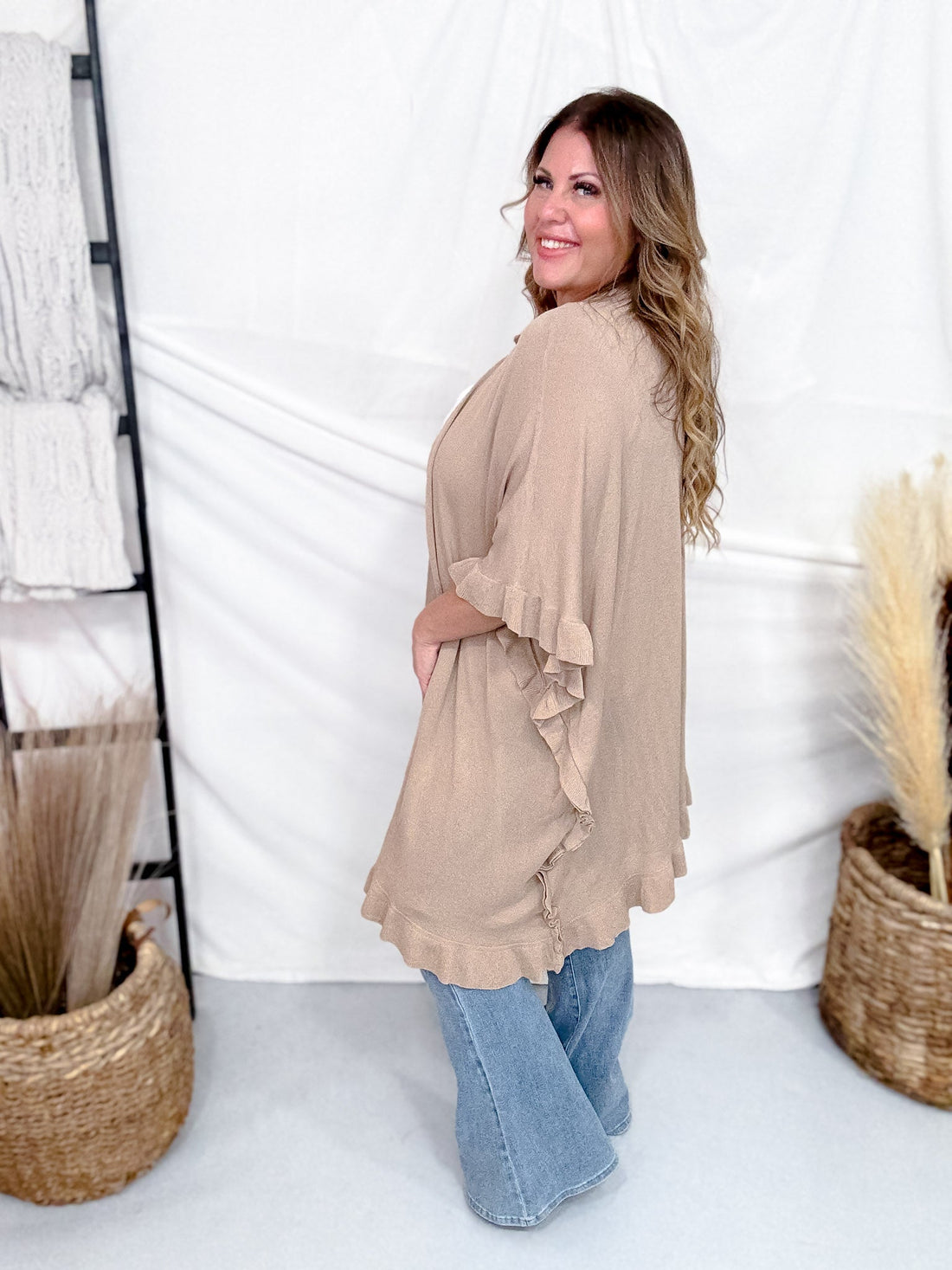 Khaki Ruffled Hem Open Front Cardigan - Whiskey Skies - EASEL