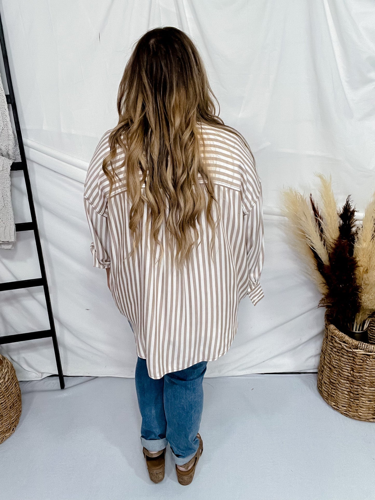 Khaki Striped Button Down Collared Shirt - Whiskey Skies - BLU PEPPER