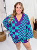 Knit Balloon Sleeve V - Neck Checkered Pullover Sweater - Whiskey Skies - J.NNA