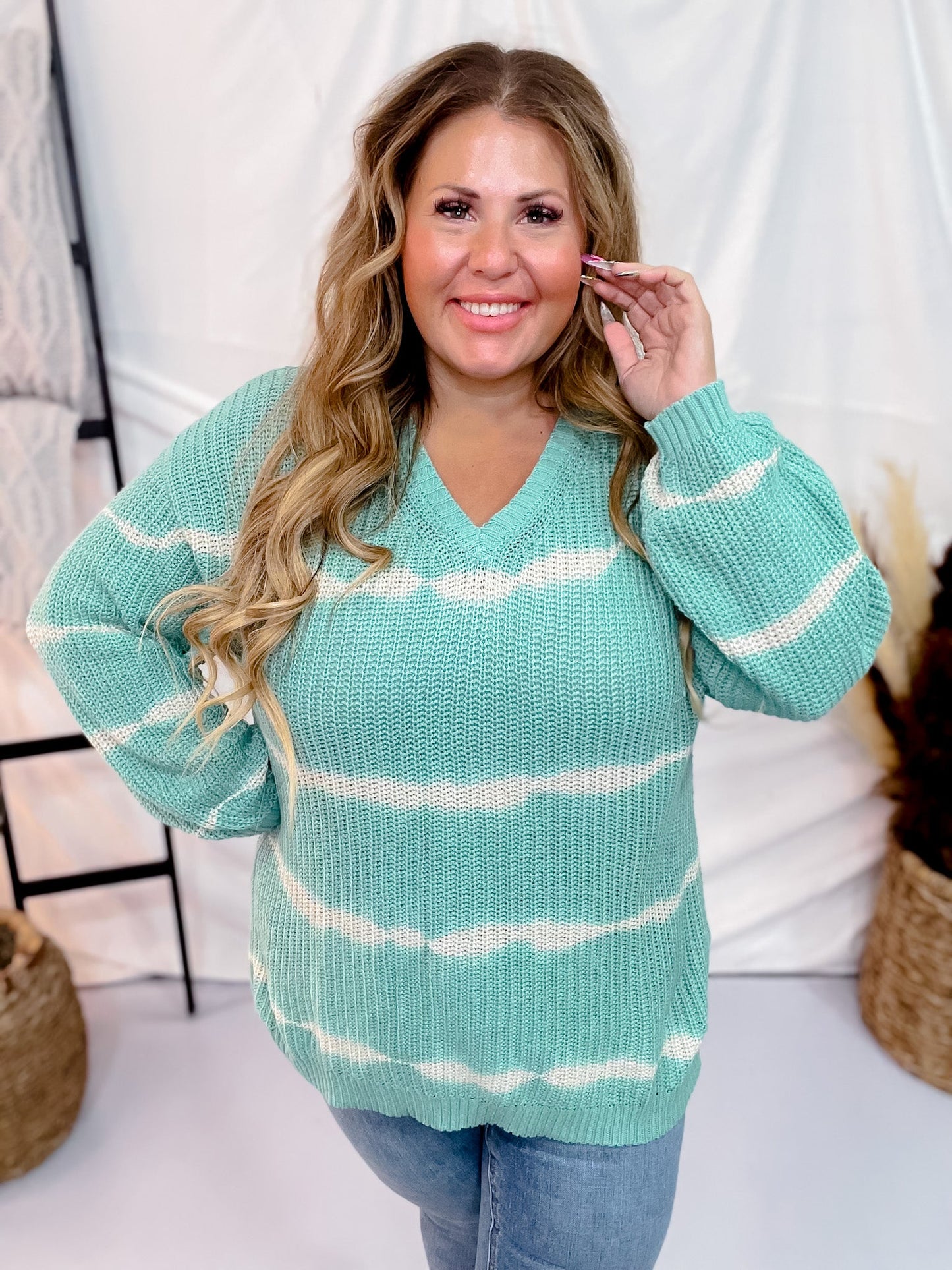 Knit Long Sleeve V - Neck Top with Tie Dye Stripes in Mint - Whiskey Skies - SEW IN LOVE
