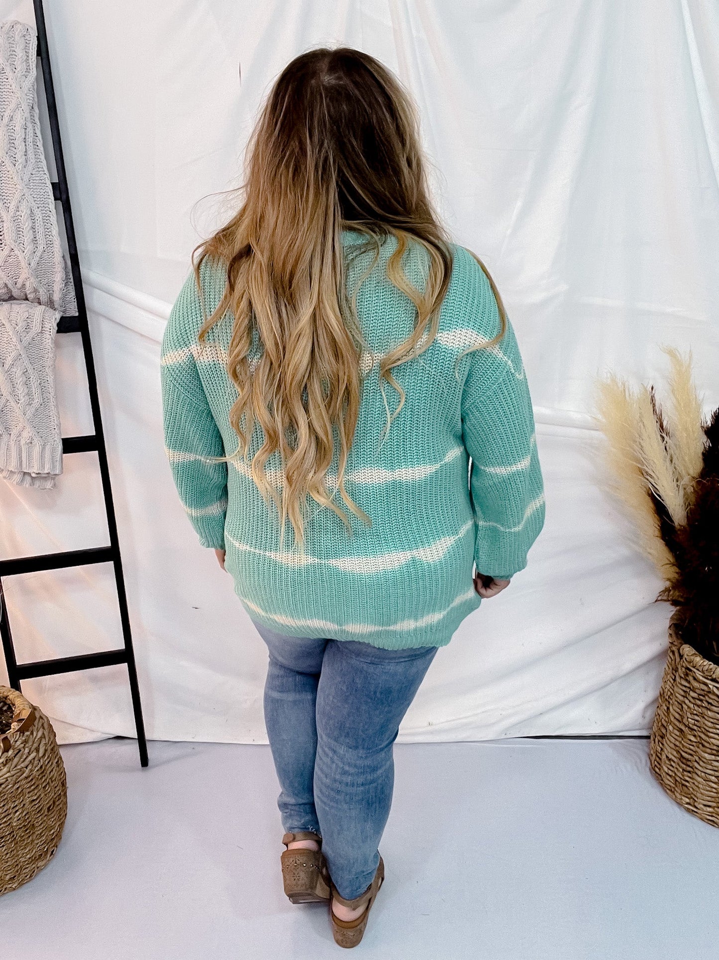 Knit Long Sleeve V - Neck Top with Tie Dye Stripes in Mint - Whiskey Skies - SEW IN LOVE