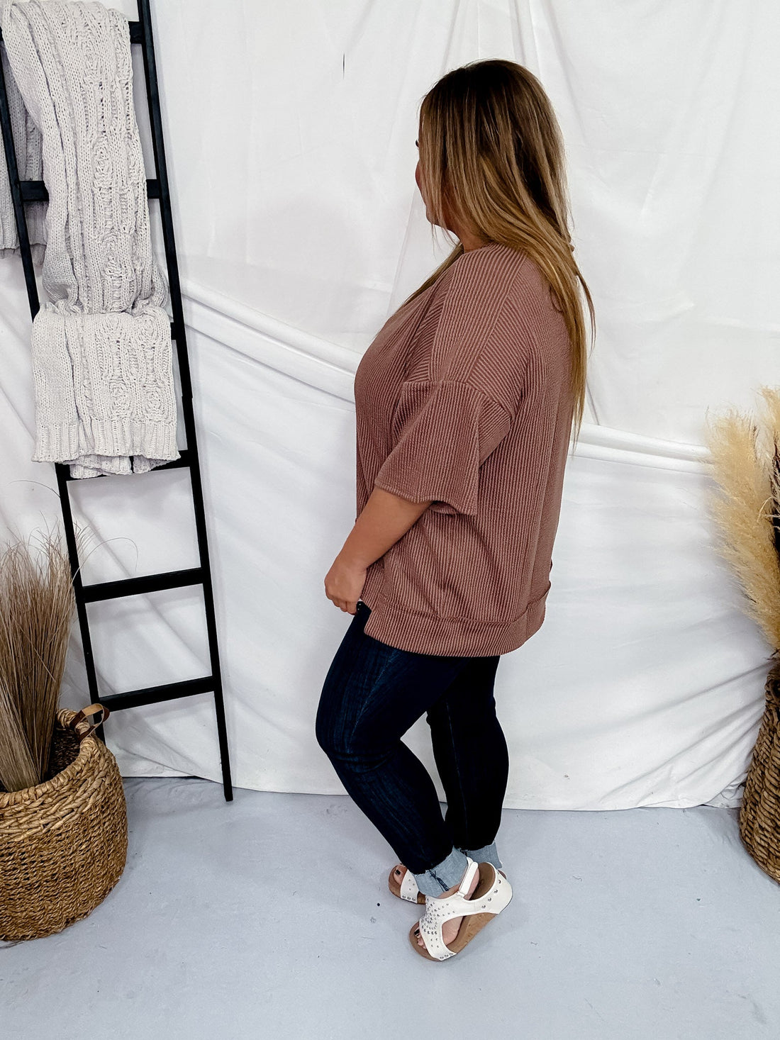 Knit Ribbed Half Sleeve Top - Whiskey Skies - ANDREE BY UNIT