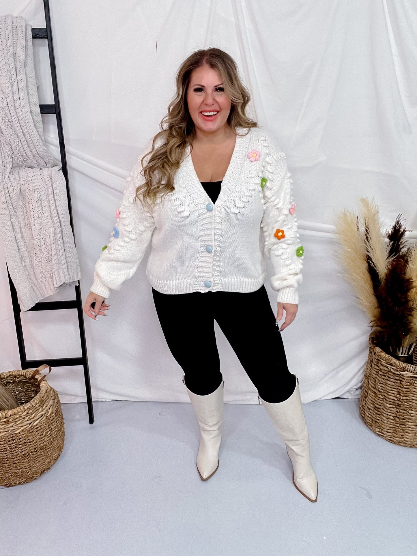 Knit Sweater Cardigan with Removable Flower Patches - Whiskey Skies - SWEET GENERIS