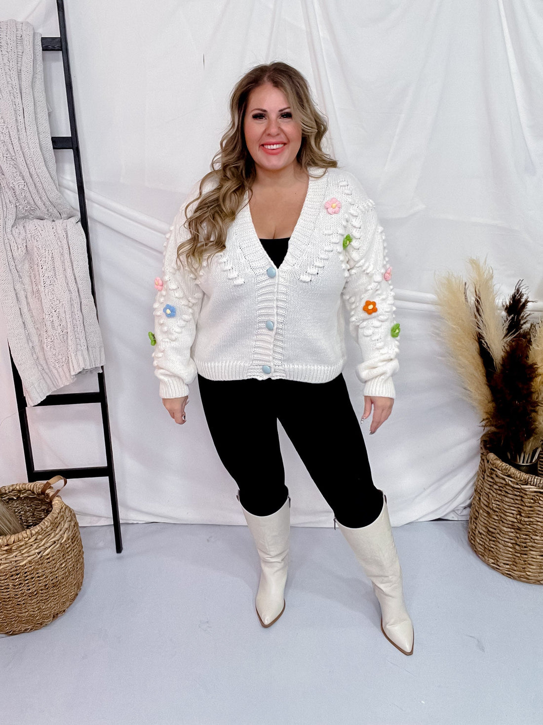 Knit Sweater Cardigan with Removable Flower Patches - Whiskey Skies - SWEET GENERIS