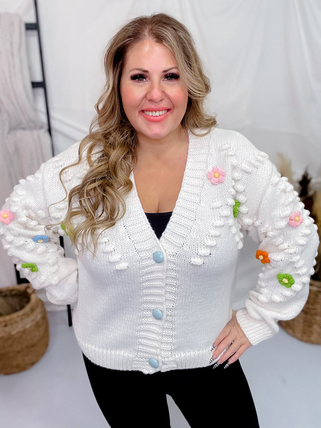 Knit Sweater Cardigan with Removable Flower Patches - Whiskey Skies - SWEET GENERIS