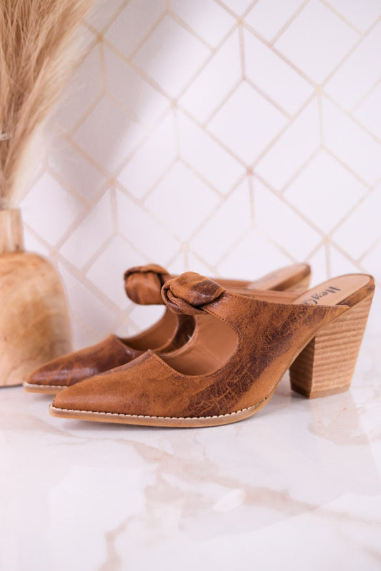 Knot Gonna Happen Distressed Cognac Mule Heels - Whiskey Skies - CORKYS FOOTWEAR